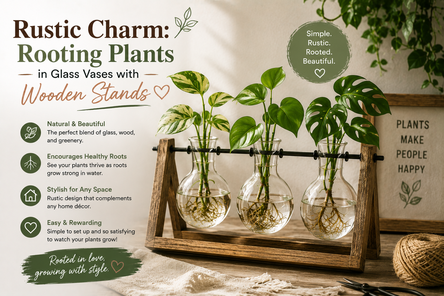 Rustic Charm: Rooting Plants in Glass Vases with Wooden Stands 🪵