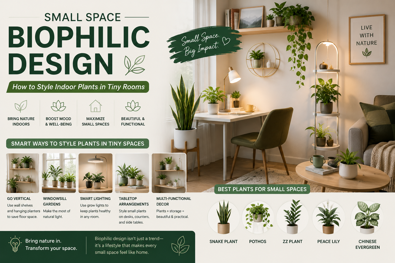 Small Space Biophilic Design: How to Style Indoor Plants in Tiny Rooms 📐