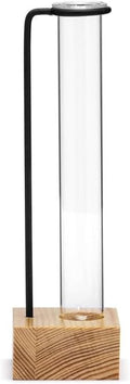 Napco Hanging Glass Propagation Station – 3.5 x 4 Inch Clear Tube Vase with Black Metal Stand and Natural Wood Base for Plant Cuttings and Hydroponic Display, Industrial Farmhouse Home Décor