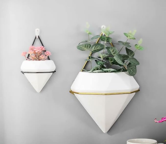 Diamond Wall Planters,Geometric Wall Flower Vases Set,Wall Mounted Plant Holder Vase,Ceramic Air Plants Hanging Holder Pots,Cactus Faux Plant Containers Modern Indoor Decor for Home Office (Black A)