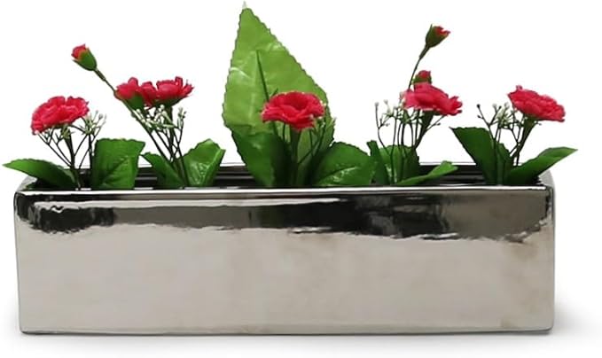 WGVI Long Rectangle Ceramic Planter Vase in Silver 14" x 4" x 4"H, Rectangular Box Block Terrarium Pot, Flower Arrangement, Tabletop Centerpiece, Home Decor Organization Storage Container, 1 Pc.