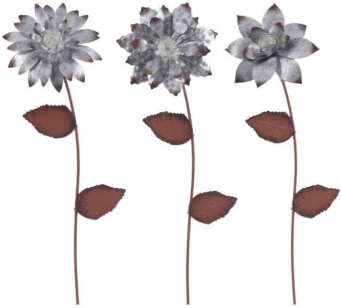 Garden Stakes Decorative, Metal Flowers for Outside, Glow in Dark Yard Lawn Ornaments Plant Pot Flower Bed Decor, Patio, Set of 3, Gold Flower