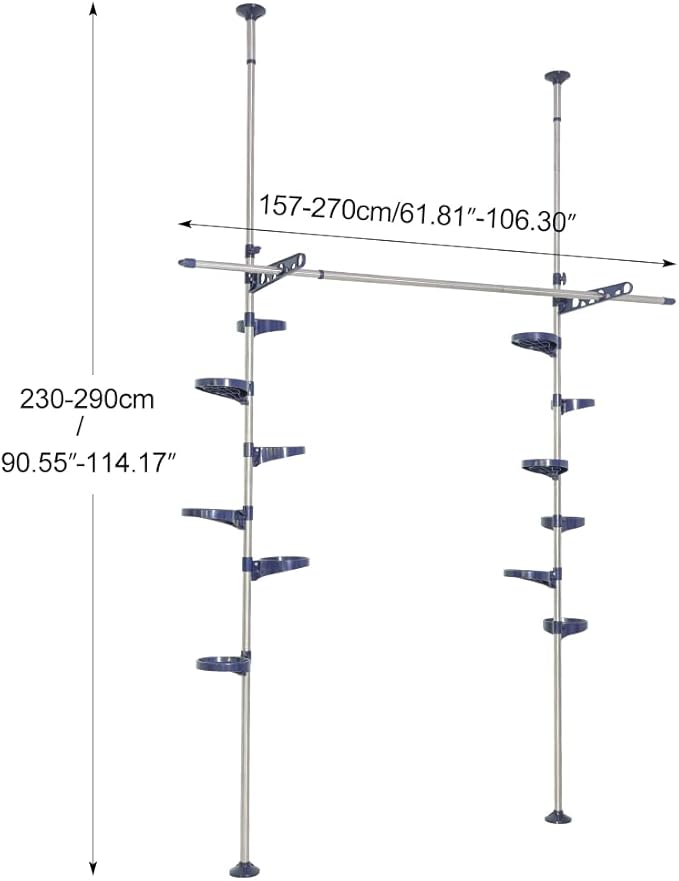 BAOYOUNI Indoor Tension Plant Pole Stands Double Rods Flower Pots Storage Shelf Floor to Ceiling Display Rack Hanger with 12 Trays, 2 Hooks & 1 Telescopic Rod for Clothes Drying, Navy Blue