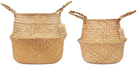 Plant Baskets – Set of 2, Twin Pack Large Hand Woven Seagrass Rattan Belly Planter with Handles for Plant Pots, Home Decor, Organizer, Laundry (Original, 12 Inch x 10 Inch)