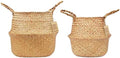 Plant Baskets – Set of 2, Twin Pack Large Hand Woven Seagrass Rattan Belly Planter with Handles for Plant Pots, Home Decor, Organizer, Laundry (Original, 12 Inch x 10 Inch)
