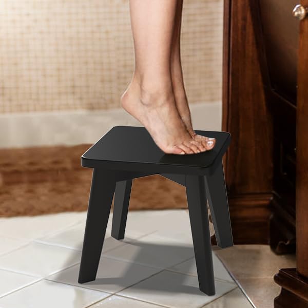 Small Step Stool for Kids, Black Wooden Foot Rest for Shaving Legs, 10" High Non Slip Short Stool for Bathroom, Bedroom, Kitchen