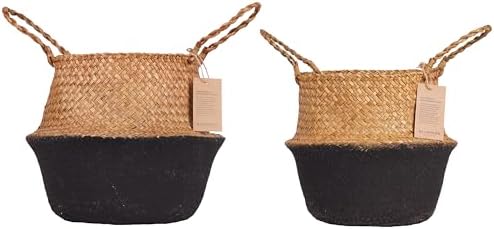 Plant Baskets – Seagrass Planters for Indoor Faux Olive Tree, Woven Wicker Rattan Pot for Boho Decor 9-10 Inch (Black Bottom, Twin Pack)