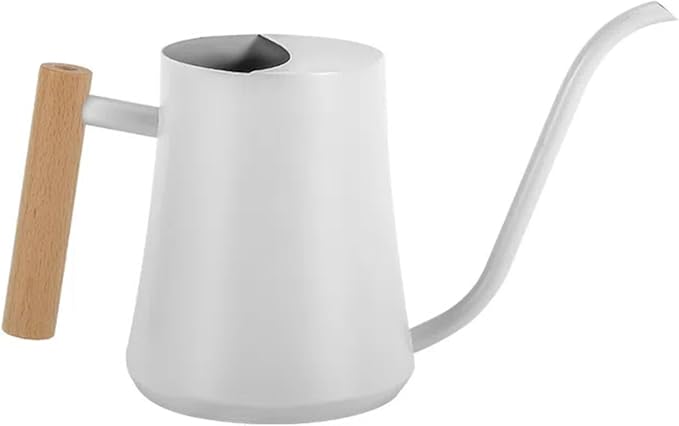 Indoor Watering Can with Long Spout, 34oz Capacity, White Metal with Wood Handle (White-W1)