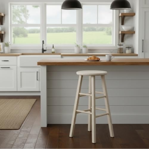 International Concepts Round Top Stool, 29-Inch Bar Height, Solid Parawood, Unfinished