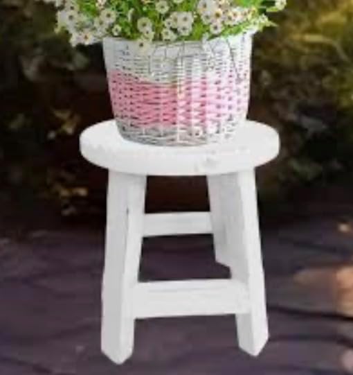 White Wooden Stool-Shaped Plant Stand, Round Top, Small Decorative Display Stand