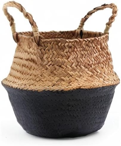 Woven Seagrass Belly Basket for Storage, Laundry, Picnic, Plant Pot Cover, and Grocery and toy storage (Medium, Black)