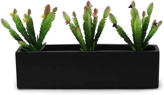 WGVI Long Rectangle Ceramic Planter Vase in Black 14" x 4" x 4"H, Rectangular Box Block Terrarium Pot, Flower Arrangement, Tabletop Centerpiece, Home Decor Organization Storage Container, 1 Pc.