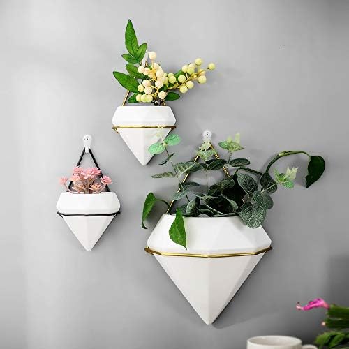 Diamond Wall Planters,Geometric Wall Flower Vases Set,Wall Mounted Plant Holder Vase,Ceramic Air Plants Hanging Holder Pots,Cactus Faux Plant Containers Modern Indoor Decor for Home Office (Golden A)