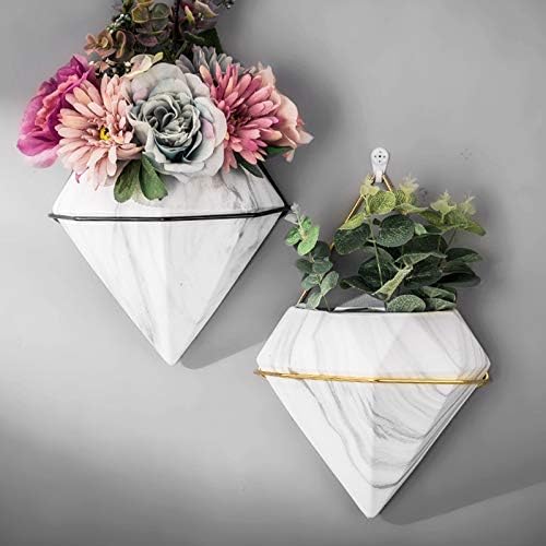 Diamond Wall Planters,Geometric Wall Flower Vases Set,Wall Mounted Plant Holder Vase,Ceramic Air Plants Hanging Holder Pots,Cactus Faux Plant Containers Modern Indoor Decor for Home Office (Golden B)