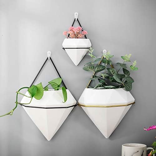 Diamond Wall Planters,Geometric Wall Flower Vases Set,Wall Mounted Plant Holder Vase,Ceramic Air Plants Hanging Holder Pots,Cactus Faux Plant Containers Modern Indoor Decor for Home Office (Golden A)