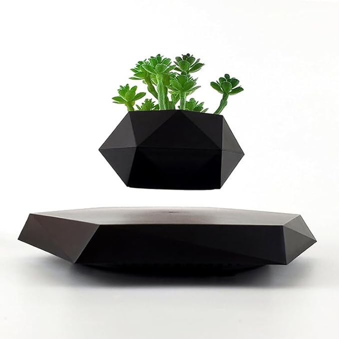 Black Hexagon Levitating Plant Pot Magnetic Floating Planter for Small Succulents Air Bonsai 360° Spin Desk Decor USB Powered Base Novelty Levitation Pot Indoor Office Shelf Table Centerpiece Gift