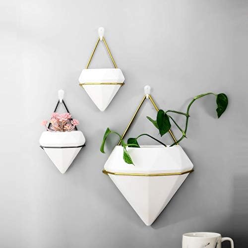 Diamond Wall Planters,Geometric Wall Flower Vases Set,Wall Mounted Plant Holder Vase,Ceramic Air Plants Hanging Holder Pots,Cactus Faux Plant Containers Modern Indoor Decor for Home Office (Golden A)