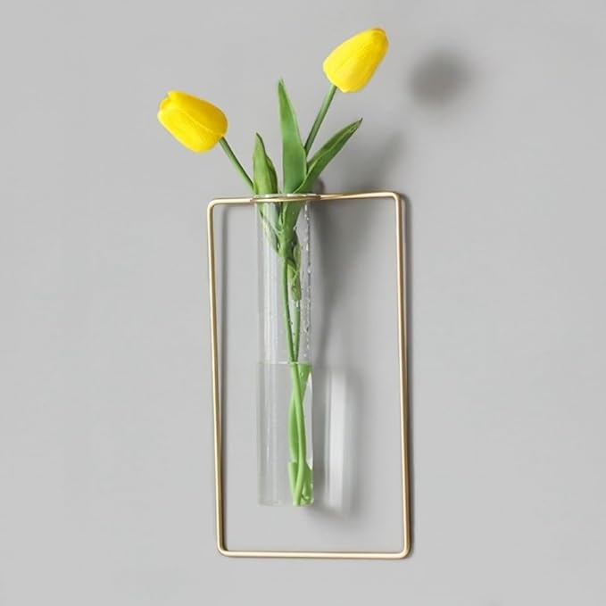 2 Pack Nordic Wall Vase Hanging Geometric Gold Flower Vase Wall Mount Metal Frame Vases Hydroponic Glass Bud Vase Decor for Home Wedding Farmhouse