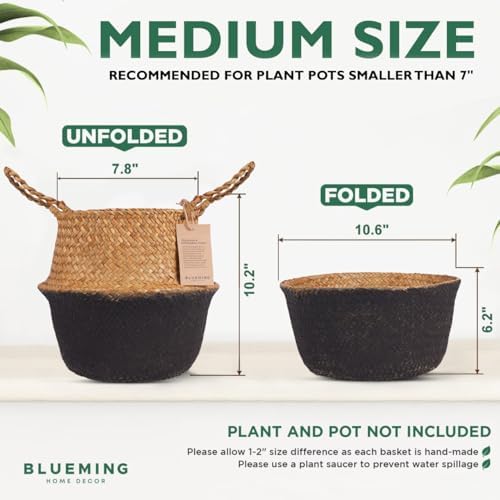Plant Baskets – Seagrass Planters for Indoor Faux Olive Tree, Woven Wicker Rattan Pot for Boho Decor 9-10 Inch (Black Bottom, Twin Pack)