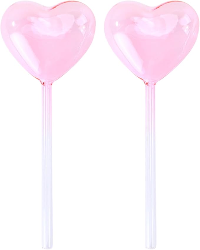 2Pcs Heart Plant Watering Globes Set Self Watering Globes for Indoor Plant Flowers Outdoor Plant Watering Bulb Dripper, 22x7cm, Pink