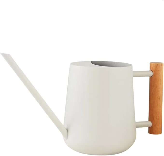 Indoor Watering Can with Long Spout, 34oz Capacity, White Metal with Wood Handle (White-Z1)