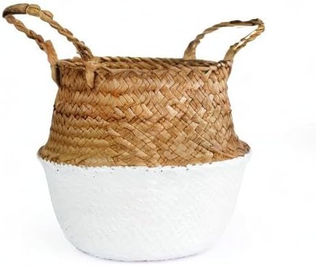 Woven Seagrass Belly Basket for Storage, Laundry, Picnic, Plant Pot Cover, and Grocery and Toy Storage (Medium, White)