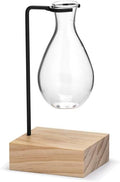 Napco Hanging Glass Propagation Station – 3 x 6.5 Inch Clear Teardrop Vase with Black Metal Stand and Natural Wood Base for Plant Cuttings and Hydroponic Display, Industrial Farmhouse Home Décor