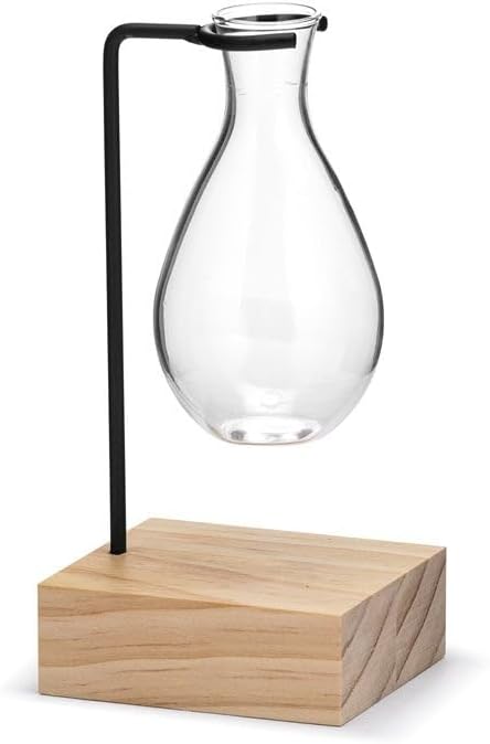Napco Hanging Glass Propagation Station – 3 x 6.5 Inch Clear Teardrop Vase with Black Metal Stand and Natural Wood Base for Plant Cuttings and Hydroponic Display, Industrial Farmhouse Home Décor