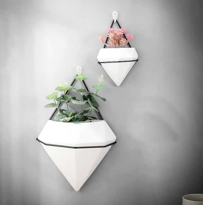 Diamond Wall Planters,Geometric Wall Flower Vases Set,Wall Mounted Plant Holder Vase,Ceramic Air Plants Hanging Holder Pots,Cactus Faux Plant Containers Modern Indoor Decor for Home Office (Black A)