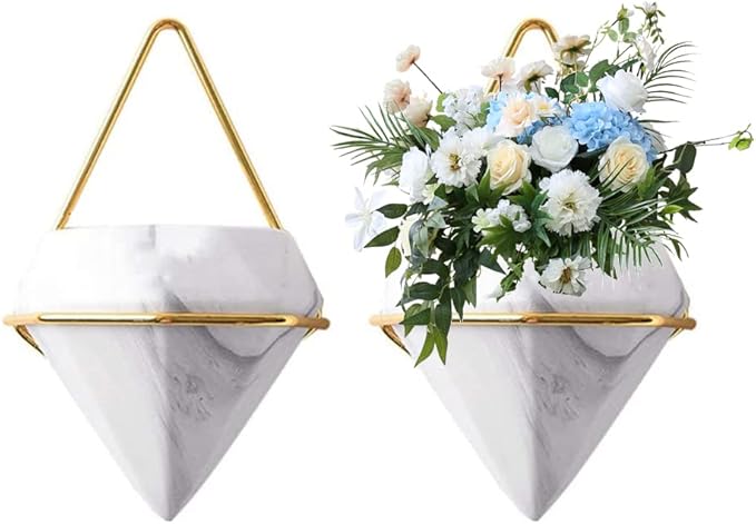 Diamond Wall Planters,Geometric Wall Flower Vases Set,Wall Mounted Plant Holder Vase,Ceramic Air Plants Hanging Holder Pots,Cactus Faux Plant Containers Modern Indoor Decor for Home Office (Golden B)