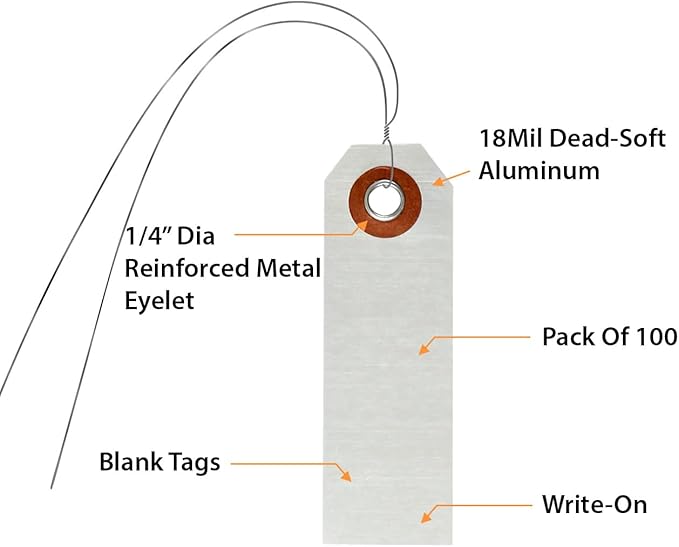 SmartSign (Pack of 100) 3.125 x 1 inch Write-on Indentable Blank Two-Sided Marking Tags with Pre-Attached Wires, Dead-Soft Aluminum, Silver
