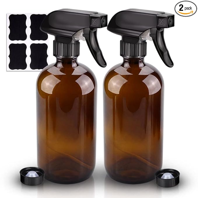 Wedama Amber Glass Spray Bottles, 2 Pack 16 oz Glass Spray Bottles for Cleaning Solutions and Essential Oils, Refillable Empty Spray Bottle with Adjustable Nozzles for Alcohol, Plant and Hair Care