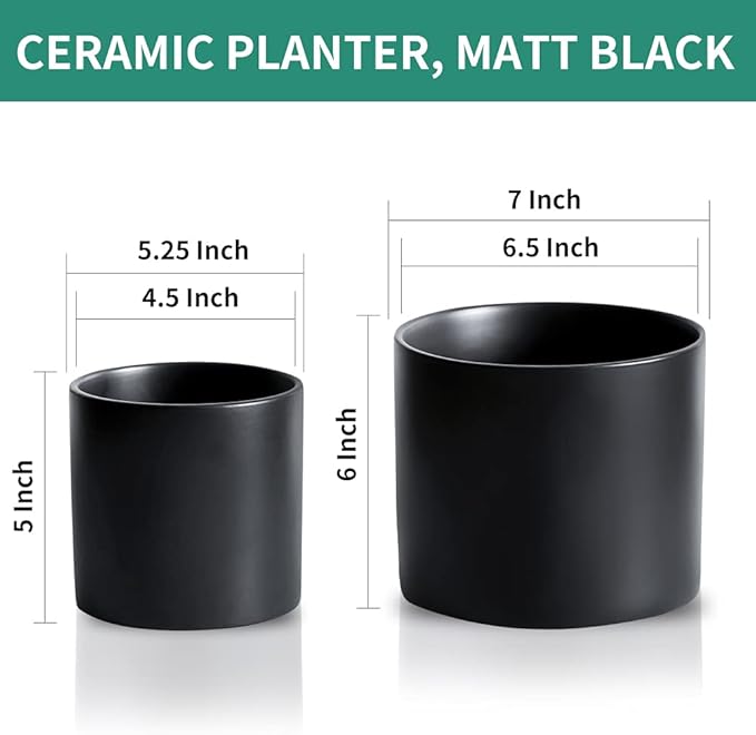 Nihow Flower Pot - 5 & 7 Inch Ceramic Planter Pots for Indoor Plants - Herbs/Snake/Succulent/Orchid Cylinder Plant Pot - Matte Black (Set of 2) - Plants not Included