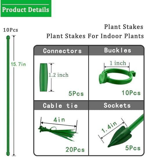 10PCS Plant Stakes for Indoor Plants 15.7in Plant Support Stakes & Moss Pole Kit Orchid Stakes and Clips Monstera Stakes, Tall Plant Sticks, and Fixing Pins