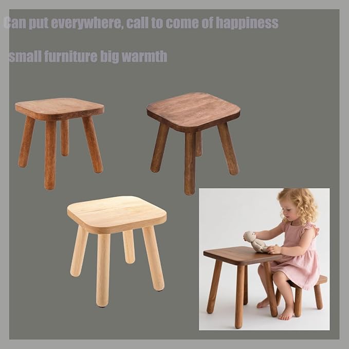 Wooden Step Stool, Plant Stool, Small Wooden Stool with Four Detachable and Assembled Legs, Offering Good Balance, Walnut Color, Natural Rubber Wood, Rounded Safety Design, Multi-Functional