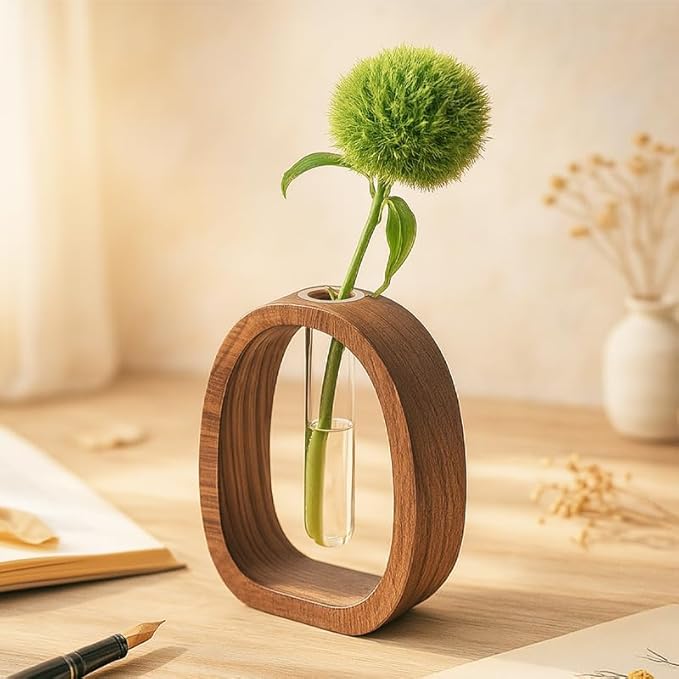 Mini Hydroponic Vase with Walnut Wood Stand, 2.8 x 1.6 x 3.7 inch Glass Propagation Station for Terrarium Plants, Desk Plant Holder Gift for Plant Lovers