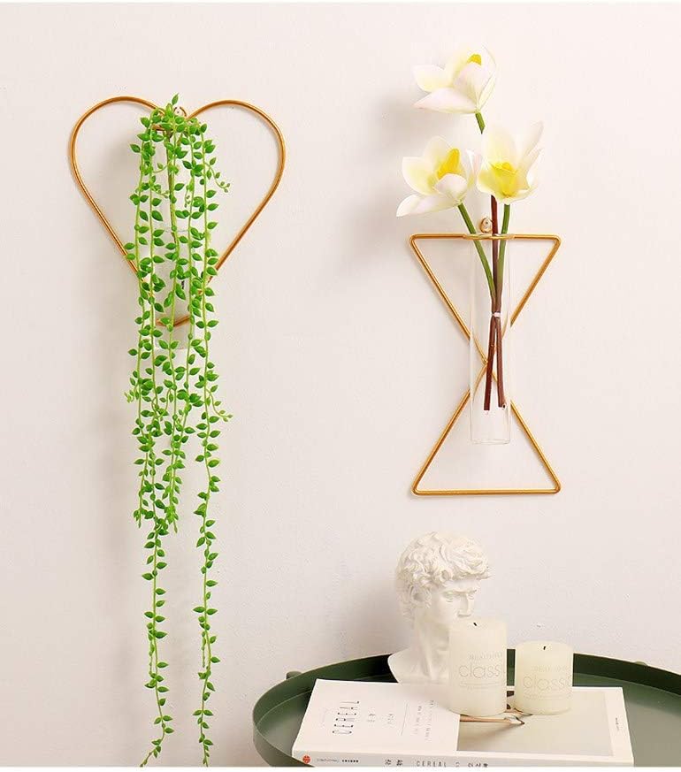Nordic Wall Vase,Gold Geometric Vase Hanging Hydroponic Planter,Wall-Mounted Metal Glass Tube Bud Vase Decorative for Centerpieces Wedding Home Decor(Gold 3)