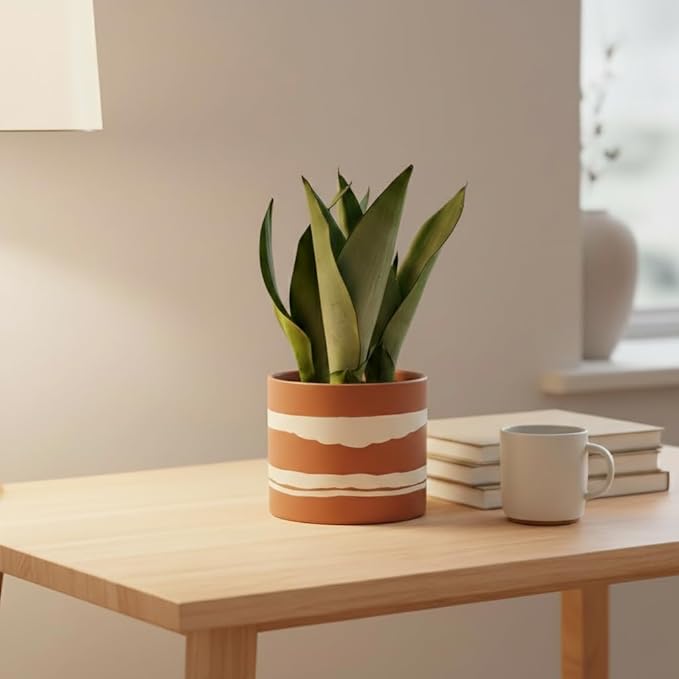 Nihow Modern Ceramic Plant Pot - 5 + 7 Inch Flower Pot for All Indoor Plants - Sturdy Planter Pots with Drainage Hole & Rubber Plugs - Semi-Matte Terracotta & Nature - Plants Not Included