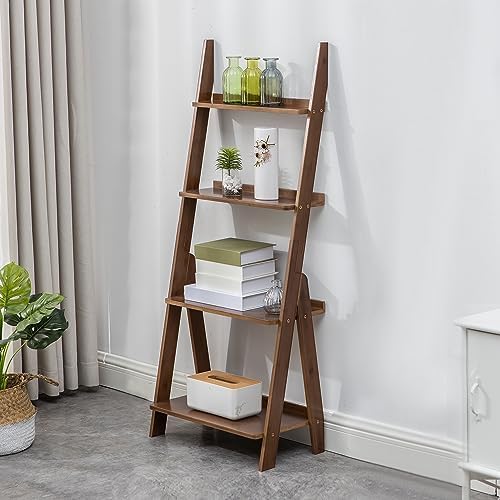 Maydear Bamboo Ladder Shelf Bookcase, 4-Tier Leaning Bookshelf Free Standing Organizer Storage Shelves for Living Room, Bedroom, Kitchen, Home Office, Balcony (Dark Walnut)