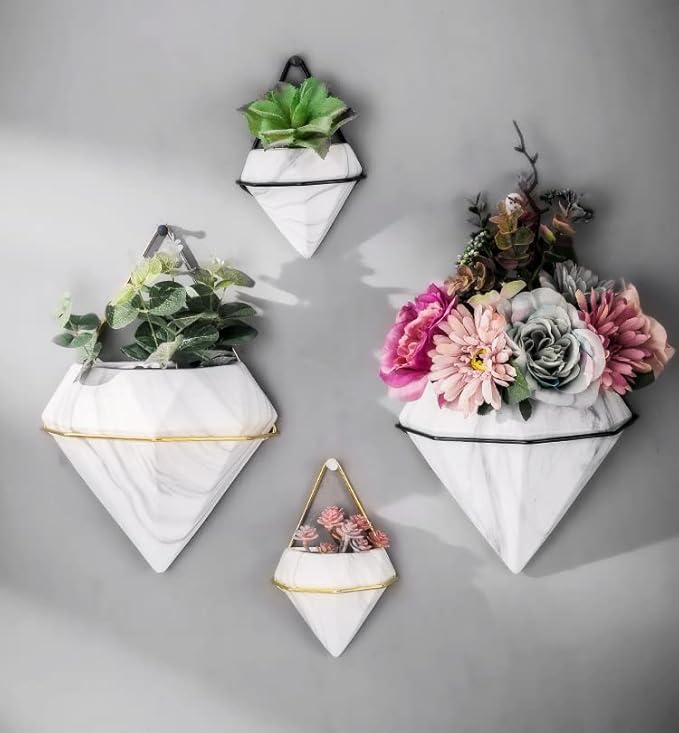 Diamond Wall Planters,Geometric Wall Flower Vases Set,Wall Mounted Plant Holder Vase,Ceramic Air Plants Hanging Holder Pots,Cactus Faux Plant Containers Modern Indoor Decor for Home Office (Black B)