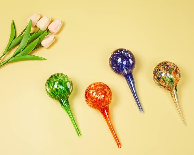 4 Pack Plant Watering Globes Indoor Colorful Hand-Blown Glass Self Watering Bulbs Decorative Design Plant Automatic Self Watering Spikes (Small Colorful)