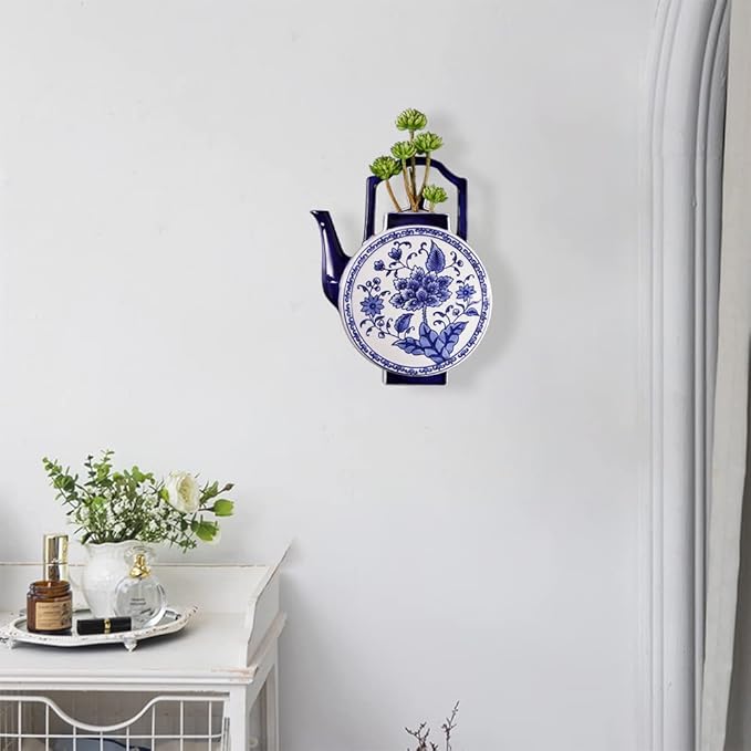 Blue & White Porcelain Wall Vase,Water Bottle Shape Hydroponic Vase Wall Planter for Indoor, Outdoor (A)