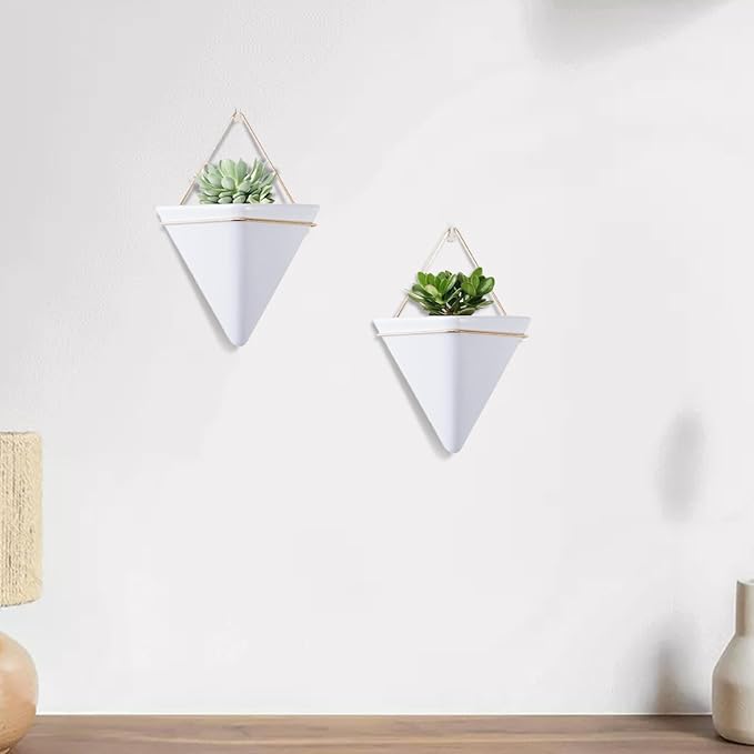Flower Pots, Hanging Planter, 2PCS Geometric Triangle Wall Plant Holder, Ceramic Wall Mounted Plant Holder, for Succulent, Faux Plants, Home and Office Decor, White