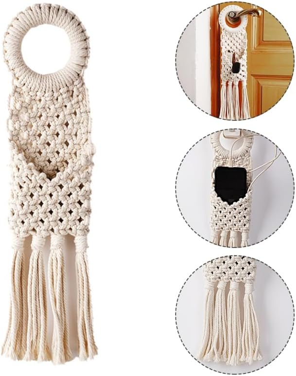 Cabilock Macrame Hanging Wall Organizer - Small Boho Woven Storage Pouch for Keys, Phone & Mail - Decorative Cotton Tassel Tapestry for Dorm Room, Bedside & Narrow Spaces