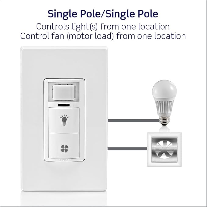 Leviton Dual Combination Humidity Sensor with Separate Light Switch, Automate Bathroom Exhaust Fan, Air Circulation, Moisture Control, Single Pole/Single Pole, ¼ HP, DHD05-1LW, White