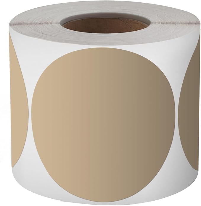 Khaki Circle Thermal Labels Vinyl 3 Inch Self-Adhesive Round Stickers Roll Waterproof Printer Decals Name Tag for QR Code DIY Office Address 500 PCS