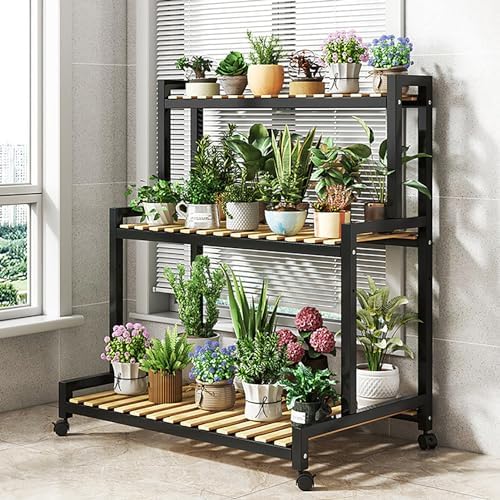 4-Tier Metal Flower Stand with Bamboo Shelves - Stylish Indoor Succulent Display Rack, Wooden Ladder Plant Holder for Home & Office Decoration, Space-Saving Plant Shelf