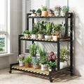 4-Tier Metal Flower Stand with Bamboo Shelves - Stylish Indoor Succulent Display Rack, Wooden Ladder Plant Holder for Home & Office Decoration, Space-Saving Plant Shelf