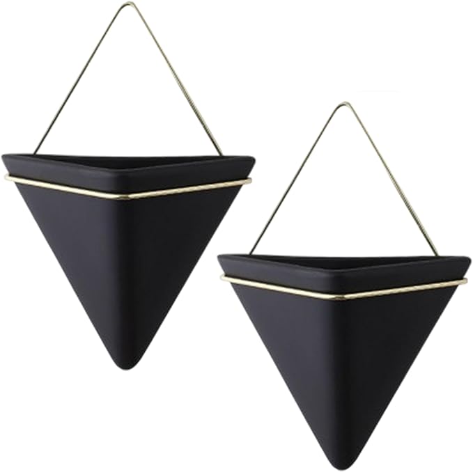 2Pcs Wall Planter for Indoor Plants, Ceramic Hanging Wall Planter with Metal Frame Geometric Decor for Air Plant Mini Cactus Faux Plants, Décor de pelouse