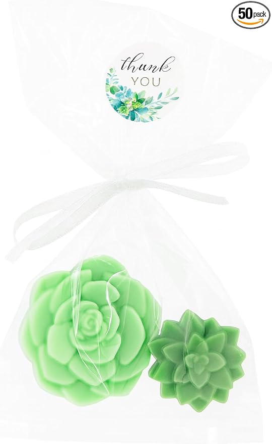 DIY Succulent Shaped Soap Favor Kit – 20 Green Cactus Blossom Scented Soaps with 10 Thank You Stickers, 10 Clear Cello Bags, and White Ribbons – Perfect for Baby Showers, Bridal Showers, Wedding